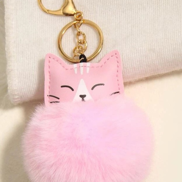 Pink Cat & Pom Pom Charm Keychain for Purse or Keys or Backpacks - Picture 2 of 4